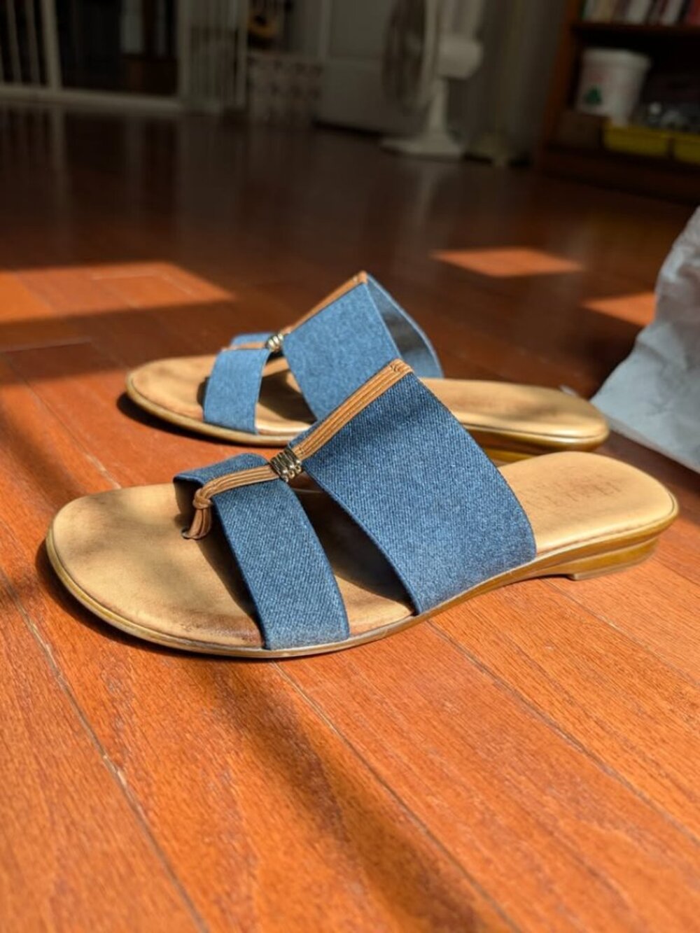 Italian Shoemakers Blue Denim Slide Sandals with Tan Trim